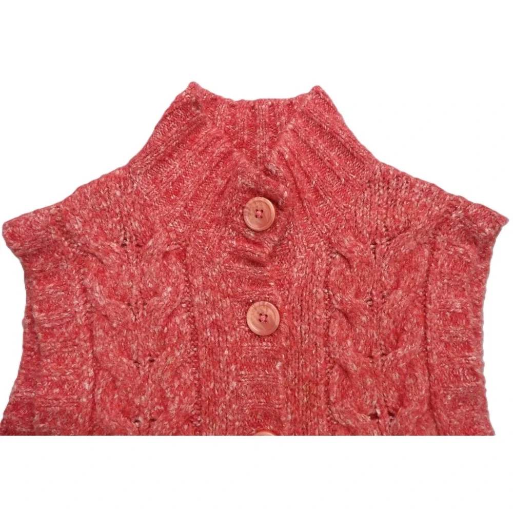 LL Bean Wool Blend Sweater Vest Women S Pink Cable Knit Button Mock Neck Classic